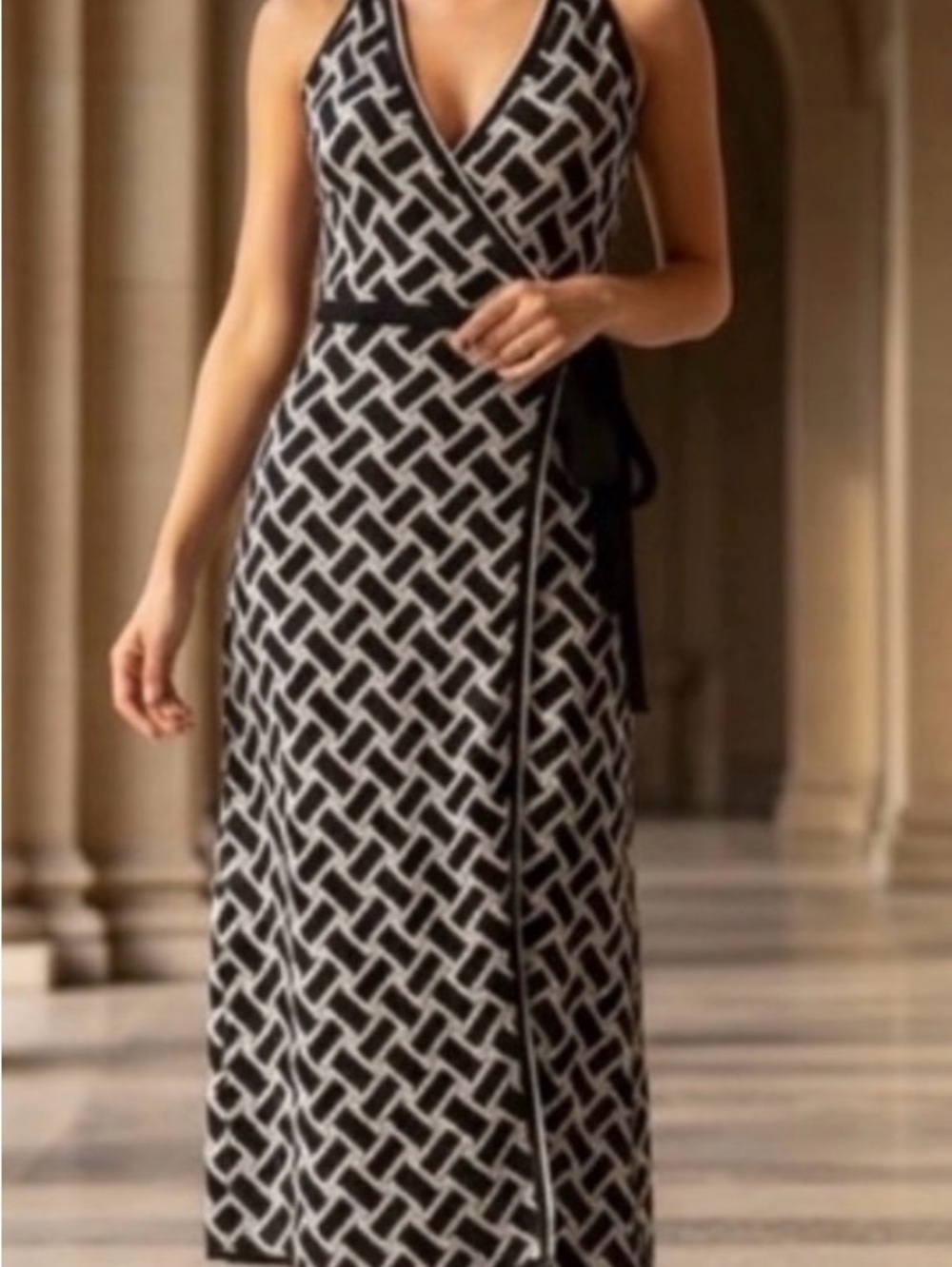 Diane Von Furstenberg Black & White Geometric Wrap Midi Dress